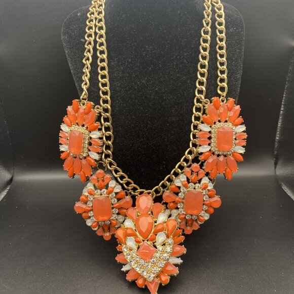 Orange Rhinestone Necklace Statement Couture Runway Glamour Curb Link 17" LOOK - Picture 2 of 10